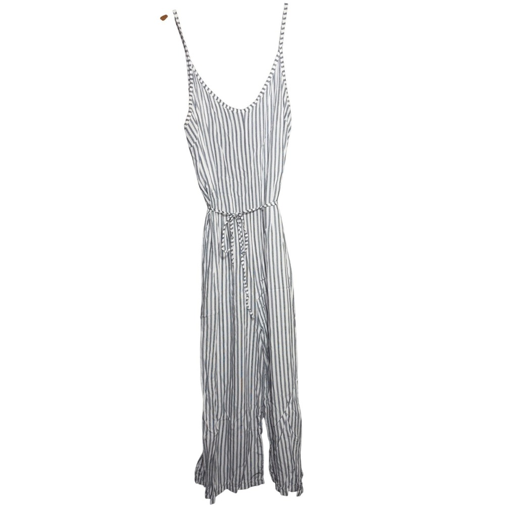 Blue‎ White Striped Wide Leg Jumpsuit Made in Italy Viscose Sleeveless Tie Waist